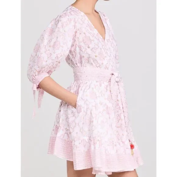 Bell by Alicia Bell Lucy Pink Gold Motif White Puff Sleeves Wrap Mini Dress XS - Picture 2 of 16